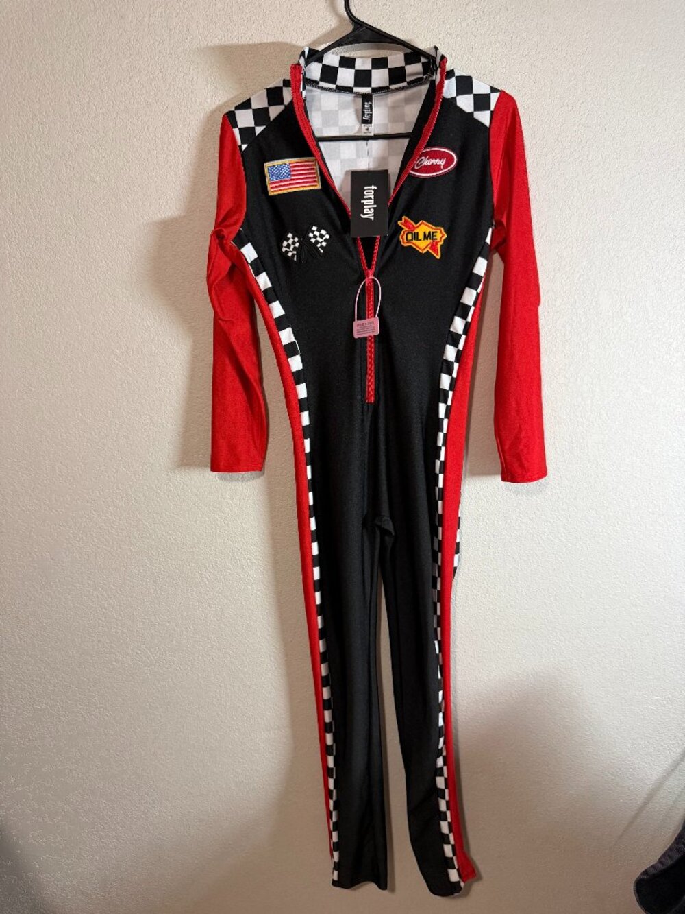 NWT Forplay Racing Jumpsuit Catsuit Checkered Flag Patch Costume Size M/L